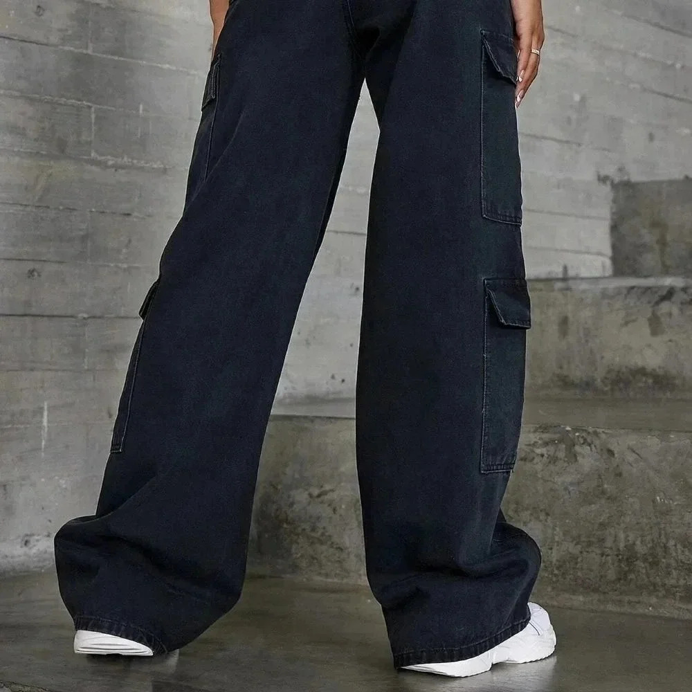 Black Casual Womens Zipper Fly Flap Pocket Boyfriend Jeans - Picture 3 of 5